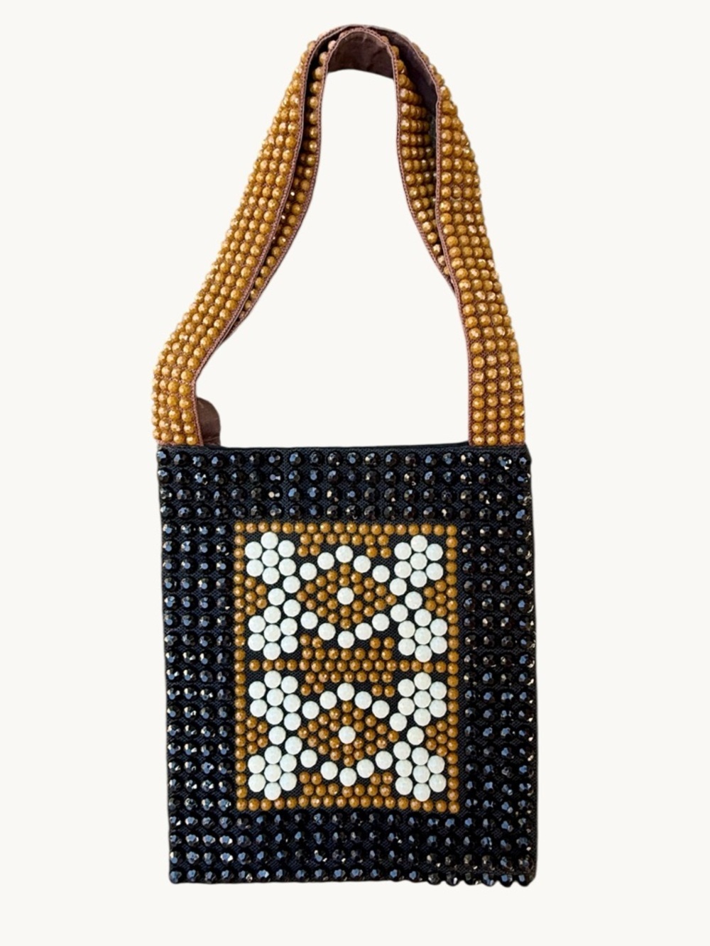 Vintage 60s Roger Van S BOHO Black, Brown & Cream Beaded Tote Shoulder Bag - Picture 2 of 8